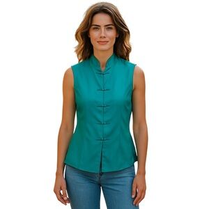 Tara Banc Blue Sleeveless Button Down Tunic with Mandarin Collar